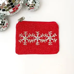 Beaded Coin Purse with Silver Snowflakes in Red