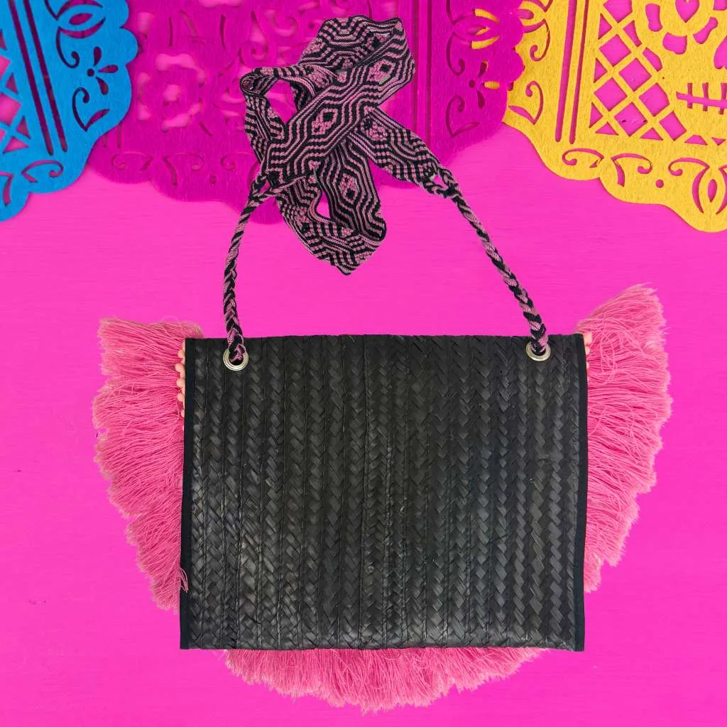 Black & Hot Pink Mexican Palm Purse with tassels