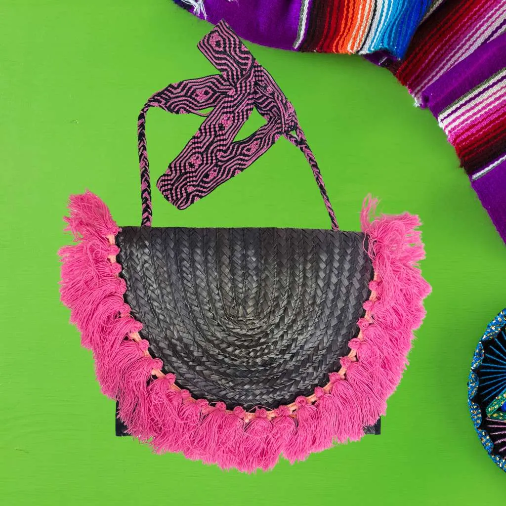 Black & Hot Pink Mexican Palm Purse with tassels