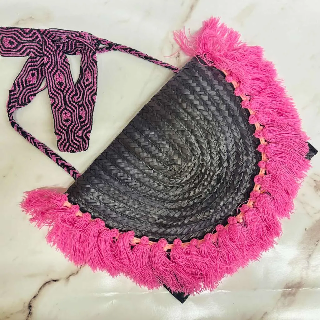 Black & Hot Pink Mexican Palm Purse with tassels