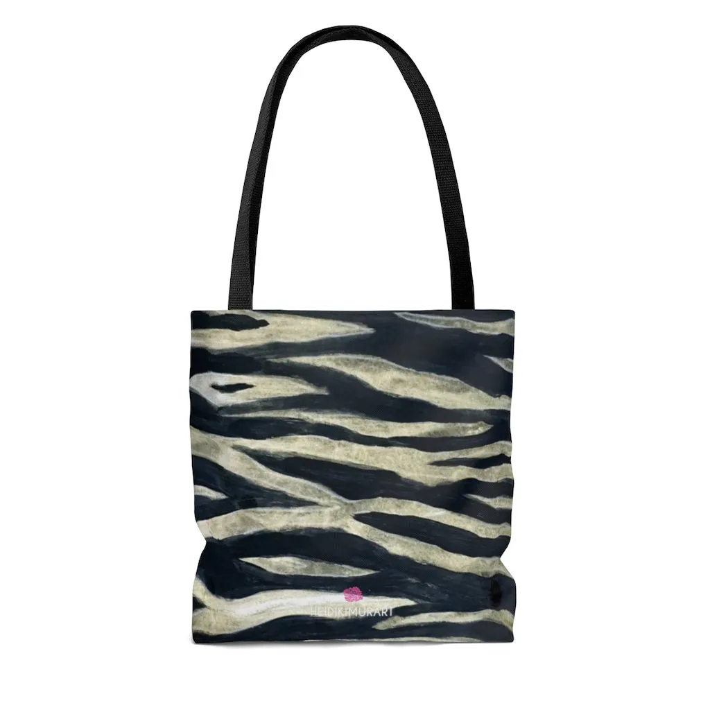 Black Tiger Striped Tote Bag, Animal Print Premium Square 13"x13", 16"x16", 18"x18" Premium Quality Market Tote Bag - Made in USA