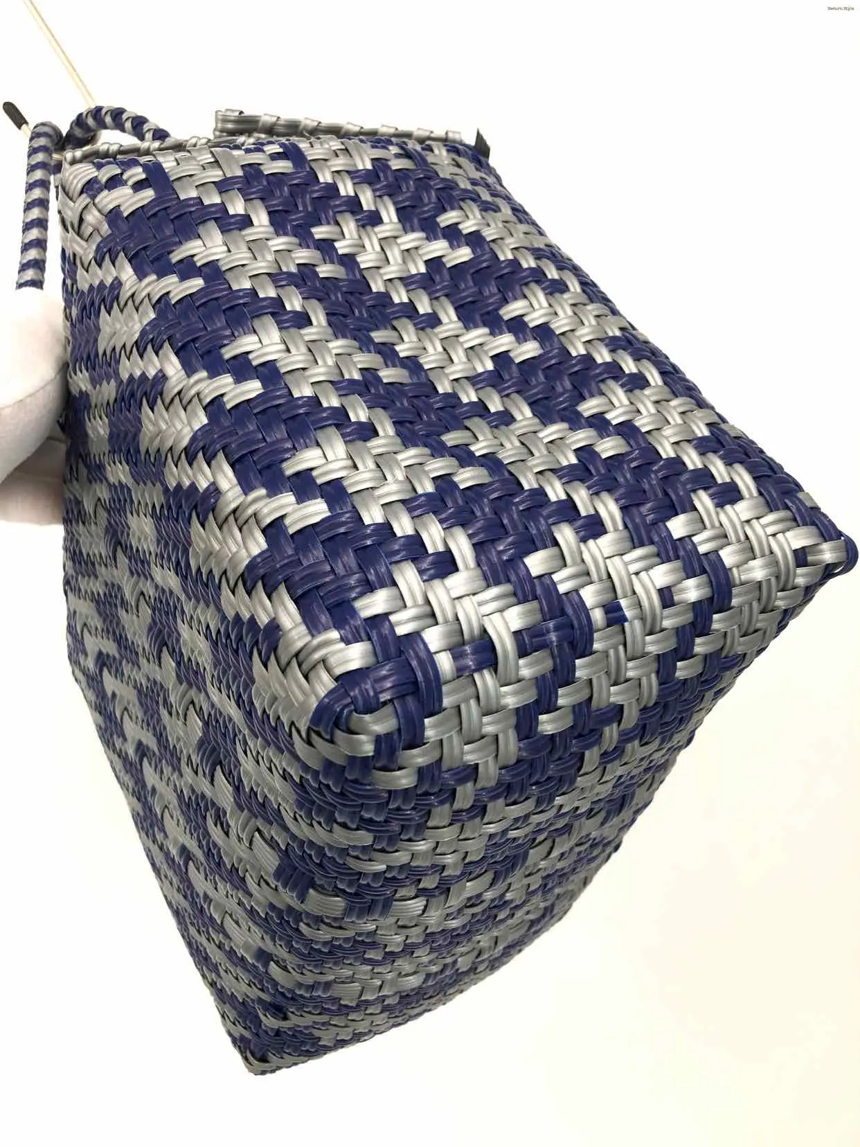 Blue Silver Plastic Pre Loved Woven Box Purse