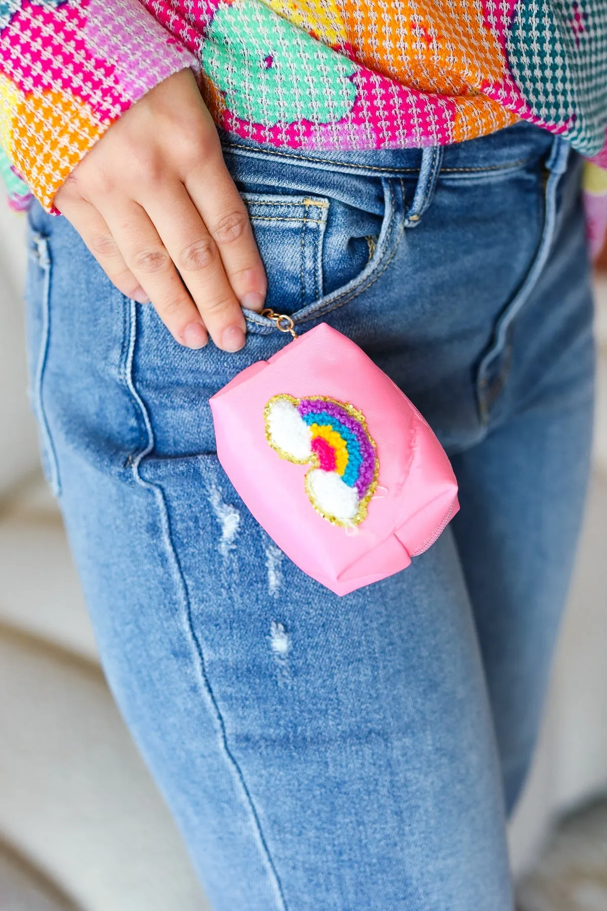 Bubblegum Pink Rainbow Patch Coin Purse Keychain