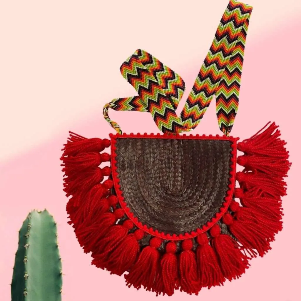 Burgundy & Red Mexican Palm Purse with tassels