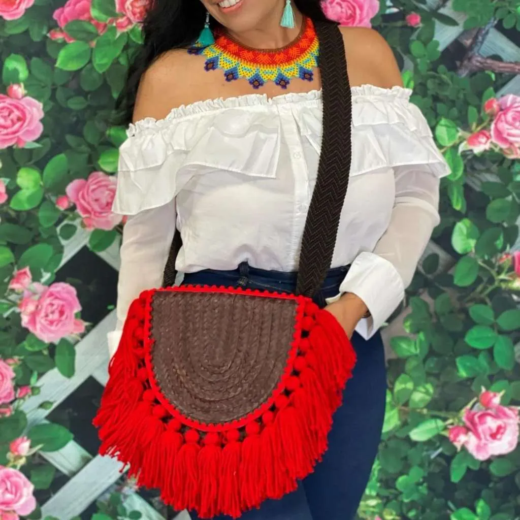 Burgundy & Red Mexican Palm Purse with tassels