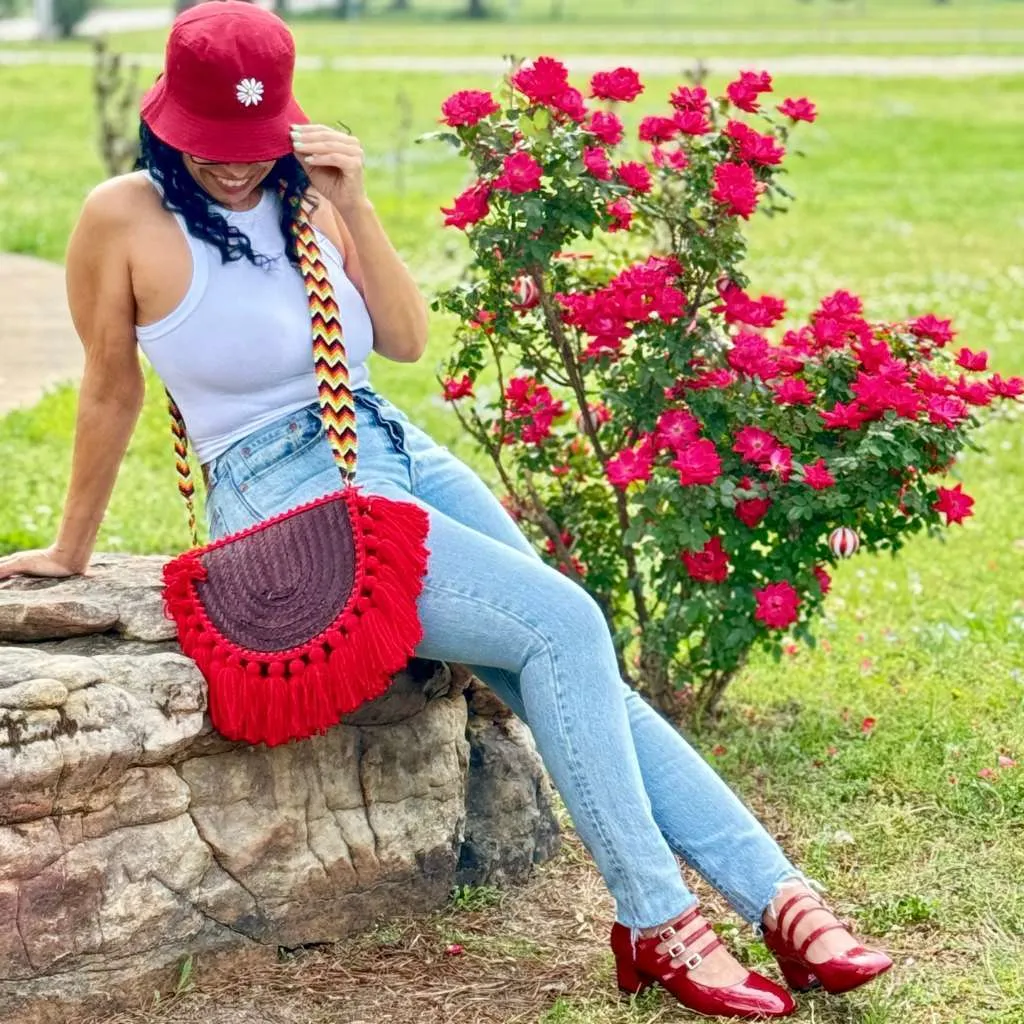 Burgundy & Red Mexican Palm Purse with tassels