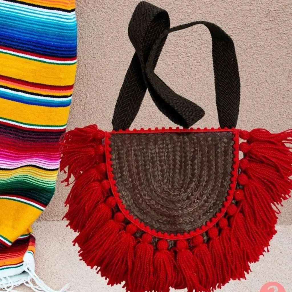 Burgundy & Red Mexican Palm Purse with tassels