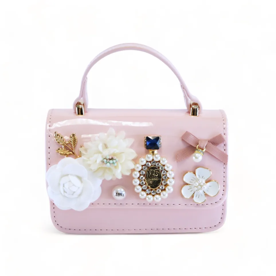 Floral & Charms Patent Leather Purse: PINK