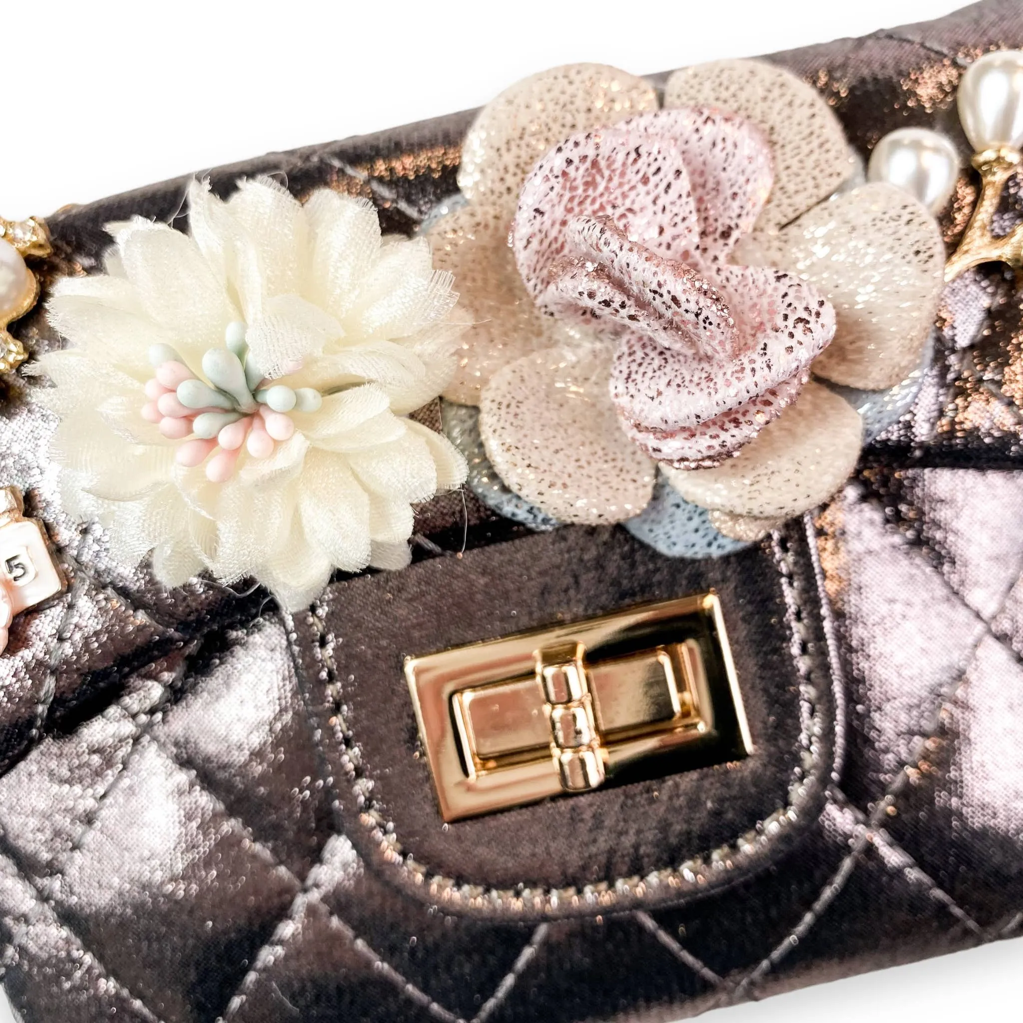 Floral Appliques Shiny Quilted Purse - PINK