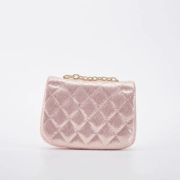 Floral Appliques Shiny Quilted Purse - PINK