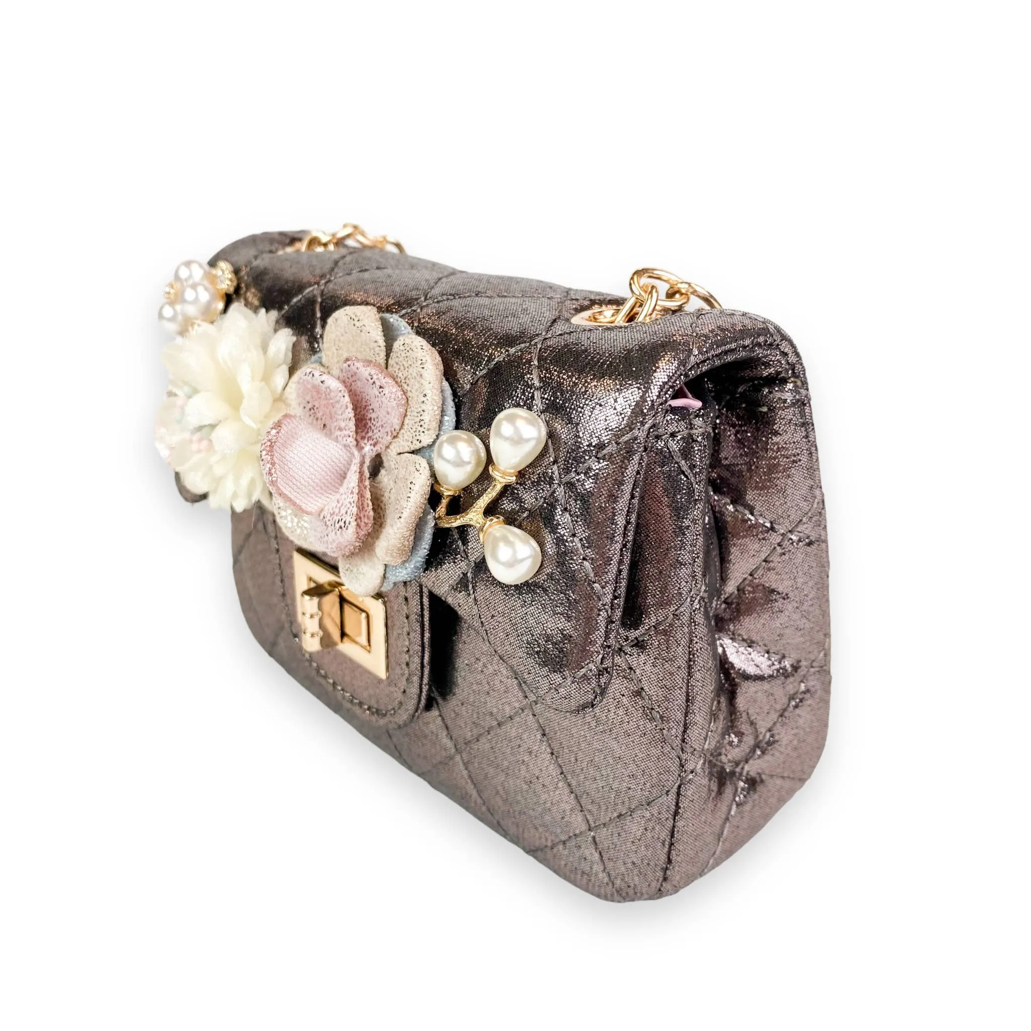 Floral Appliques Shiny Quilted Purse - PINK