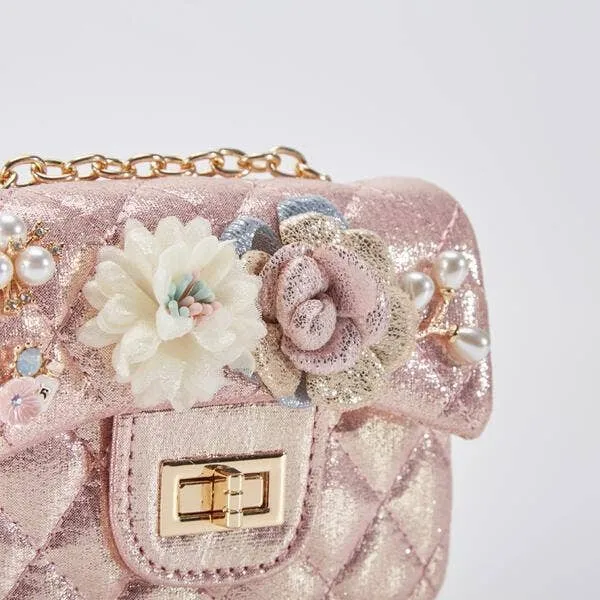 Floral Appliques Shiny Quilted Purse - PINK