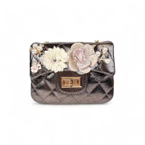 Floral Appliques Shiny Quilted Purse - PINK