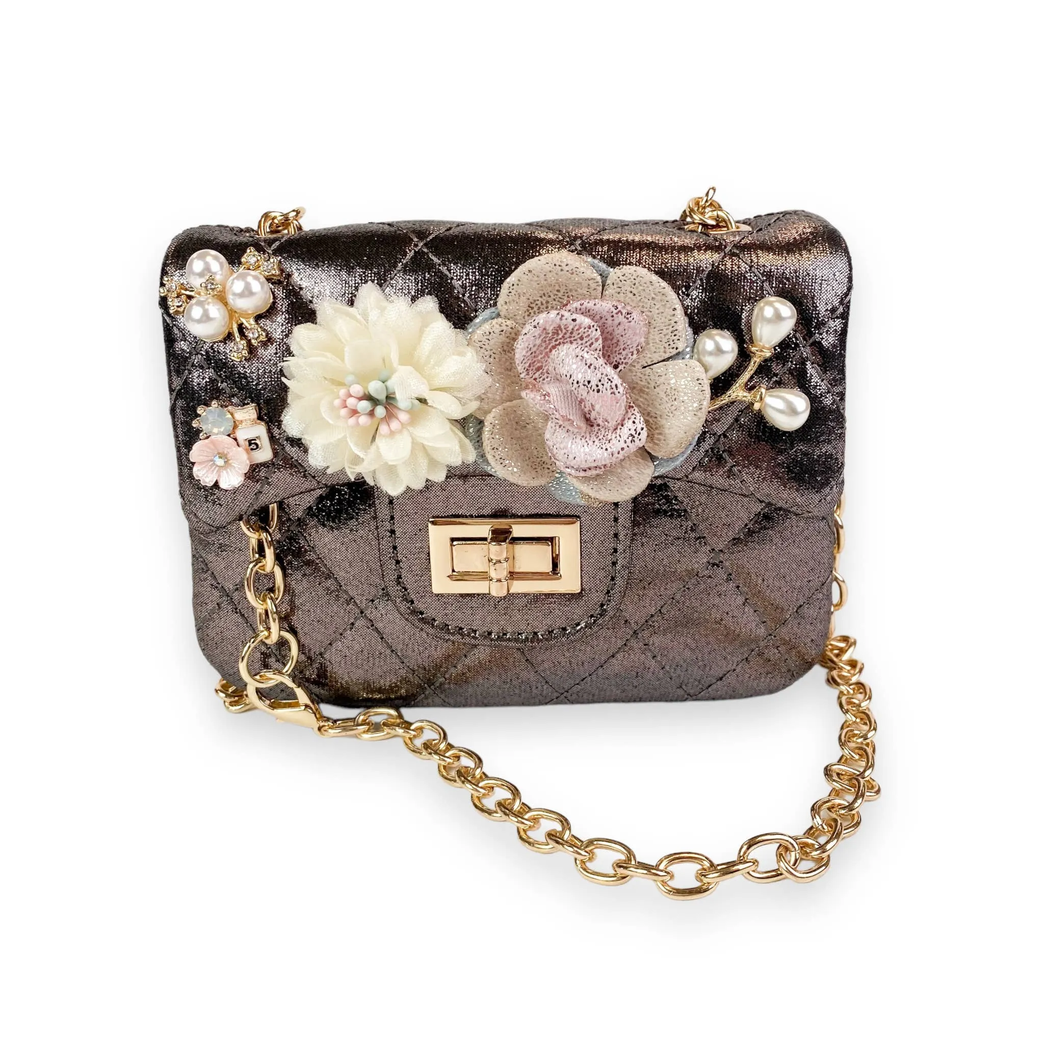 Floral Appliques Shiny Quilted Purse - PINK