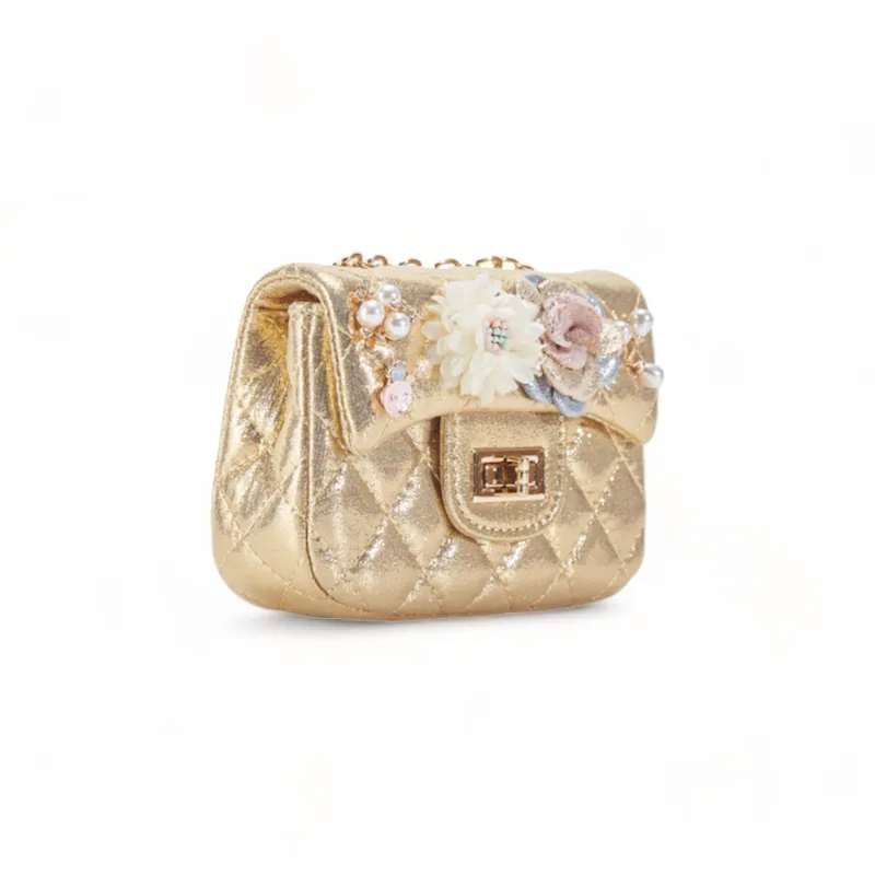 Floral Appliques Shiny Quilted Purse - PINK