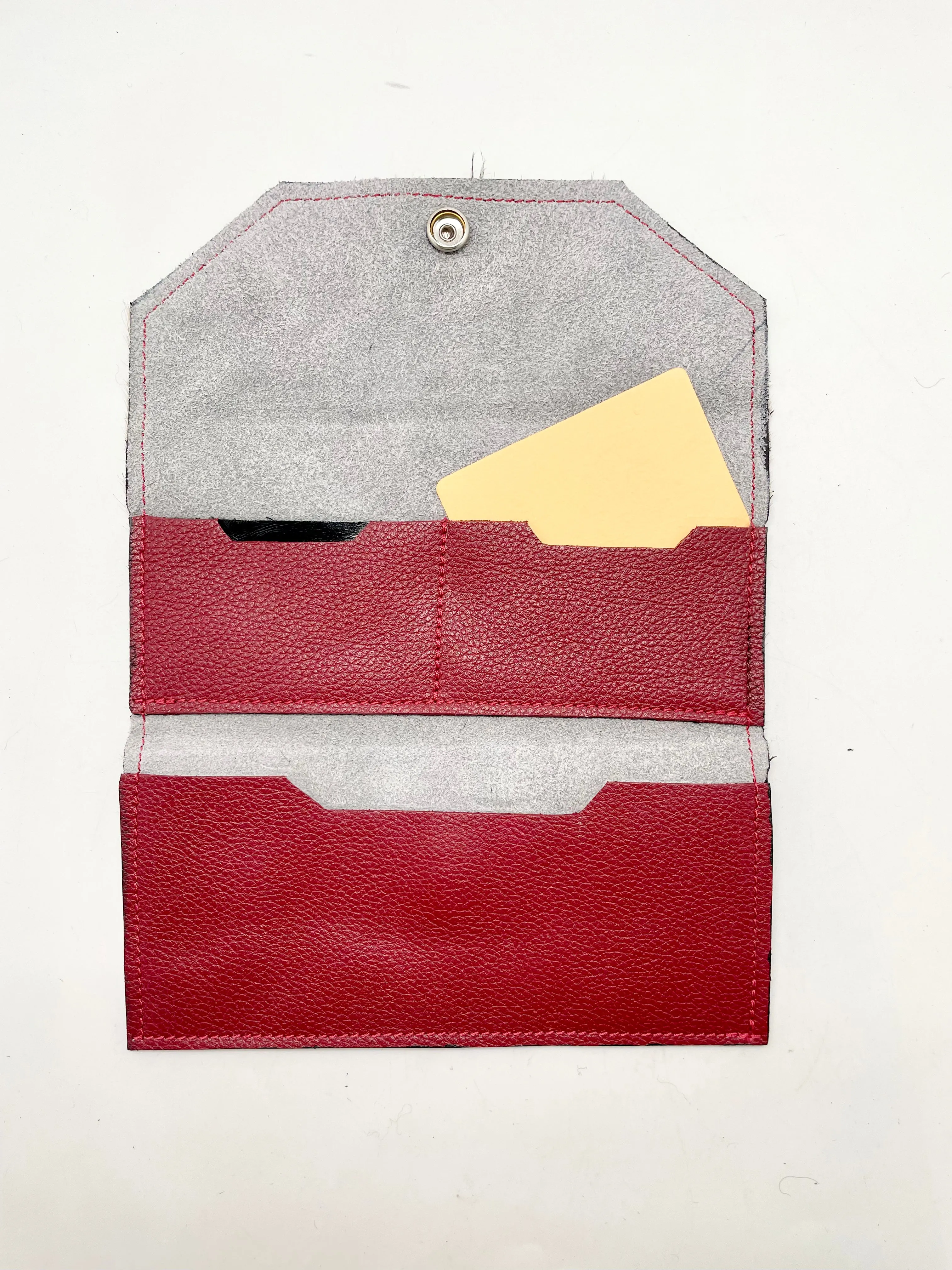 Folio- Taupe cowhide with red button wallet