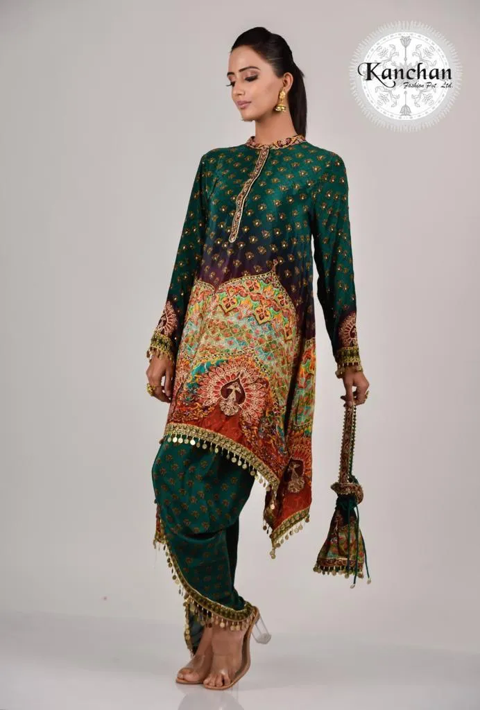 Green Printed Dhoti Set with Potli Bag