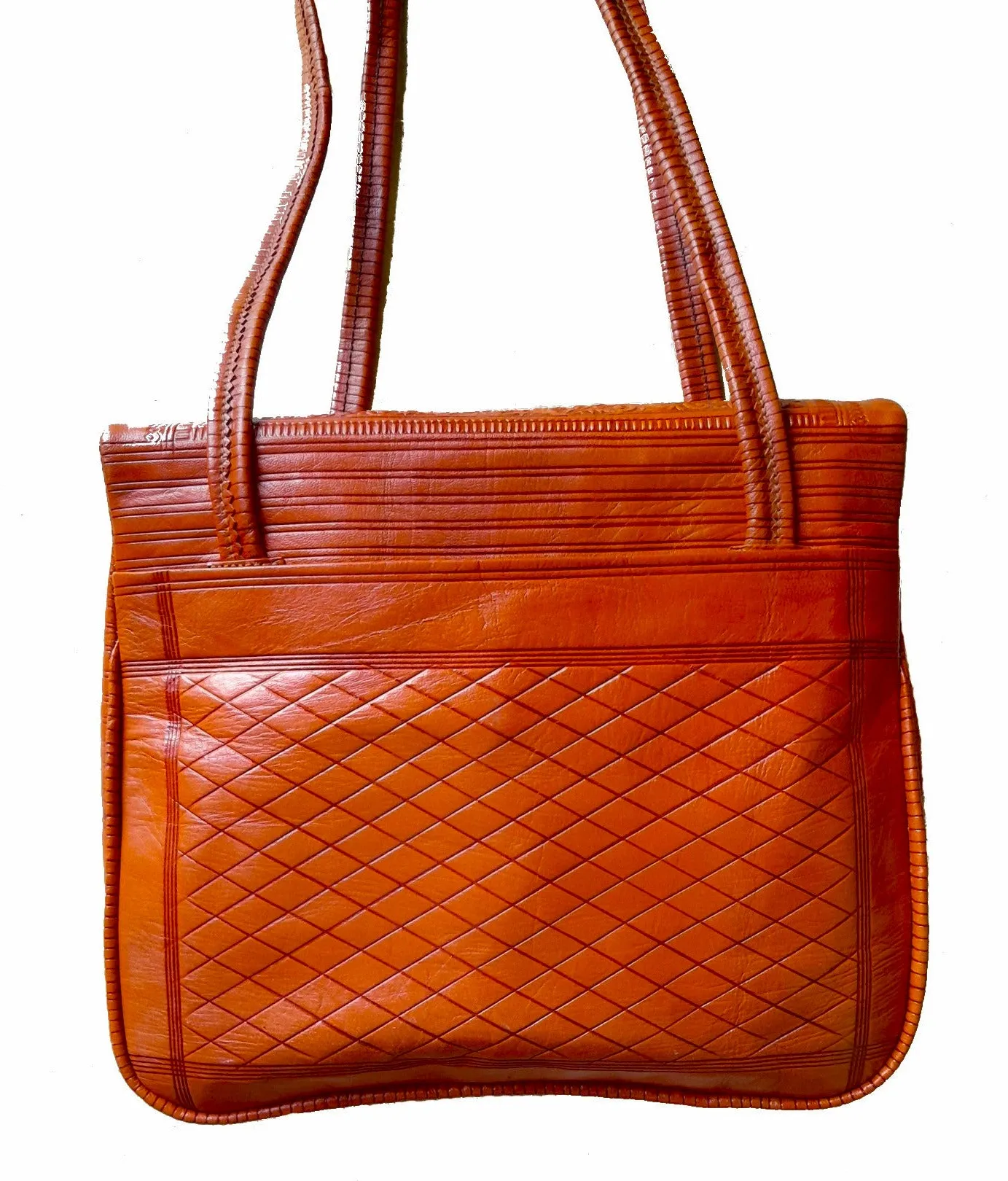 Leather Tote Bag - Chkara - Stars Embroidered - Orange