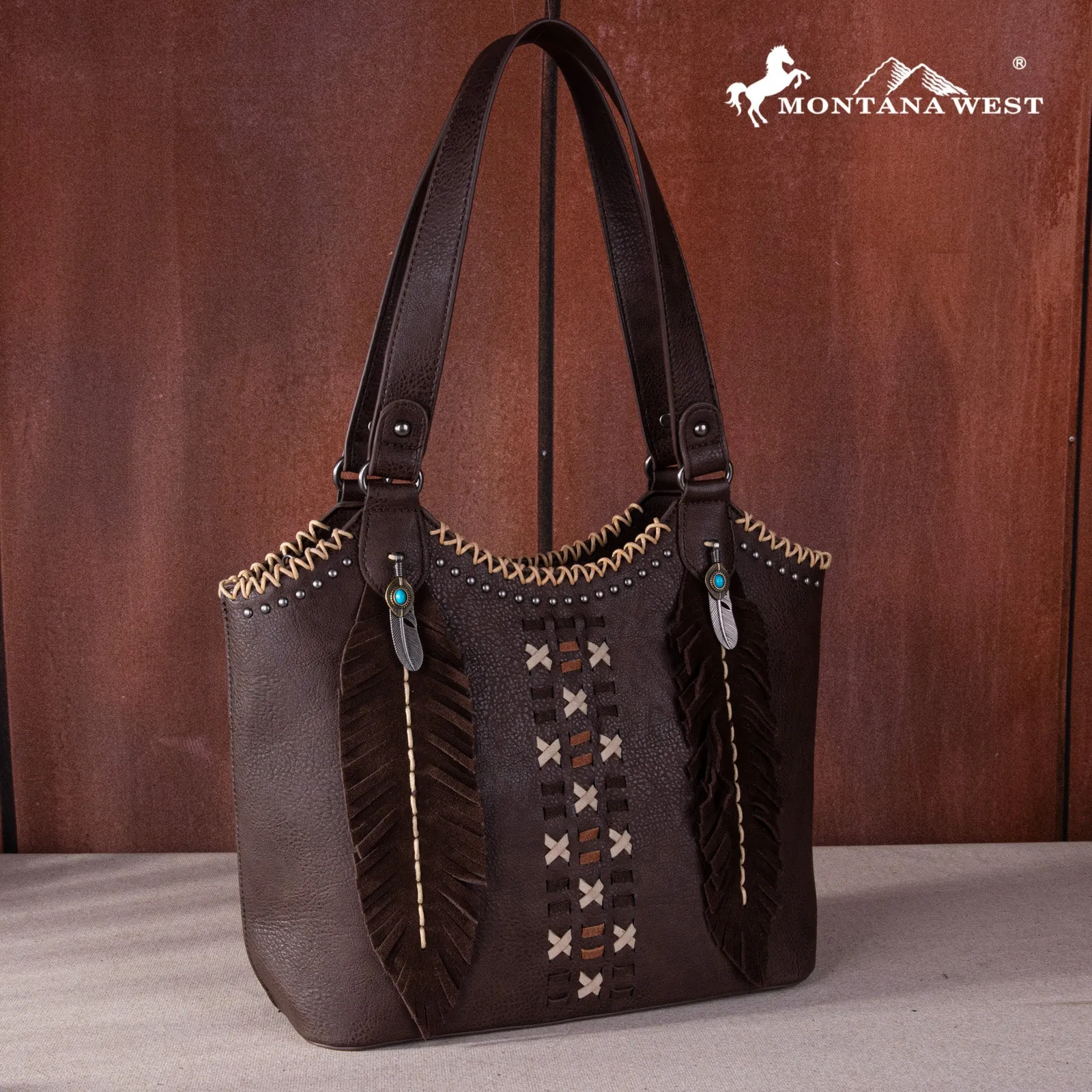 Montana West Feather Whipstitch Tote Bag