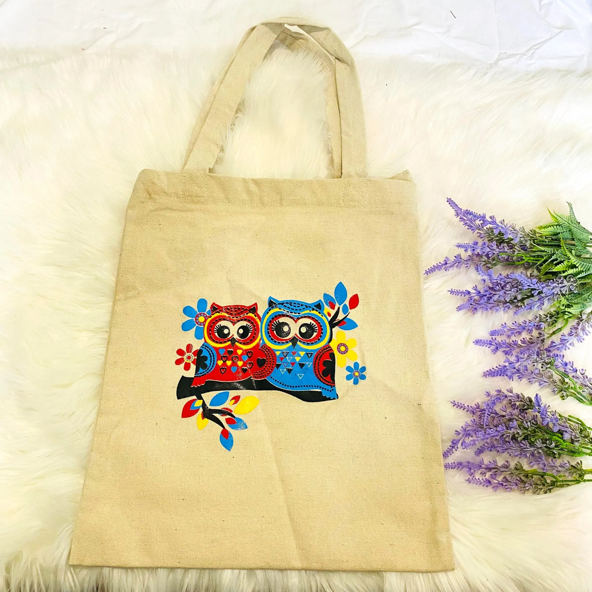 Owl Print Cotton Tote Bags, Canvas Tote Bag, Handmade Bags, Zippered Closure, Vegan Totes, Cute Tote Bags, Ecofriendly Bag, Gift For Him/Her