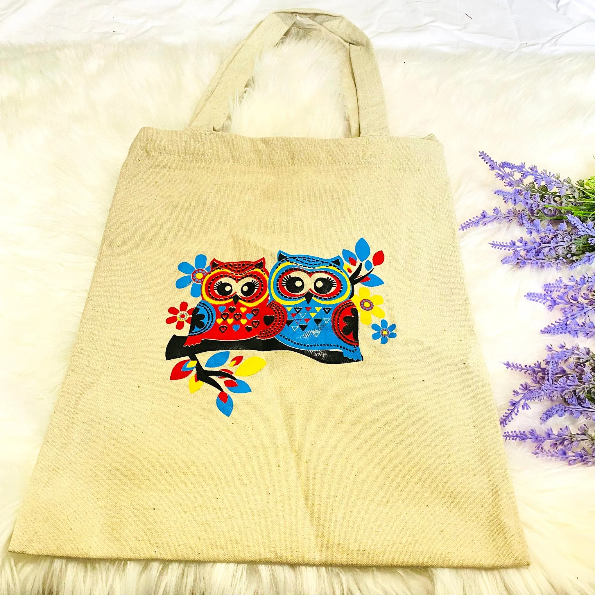 Owl Print Cotton Tote Bags, Canvas Tote Bag, Handmade Bags, Zippered Closure, Vegan Totes, Cute Tote Bags, Ecofriendly Bag, Gift For Him/Her