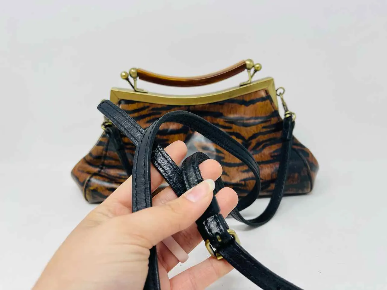 Patricia Nash Tan/Black Tiger Leather Designer Crossbody Purse