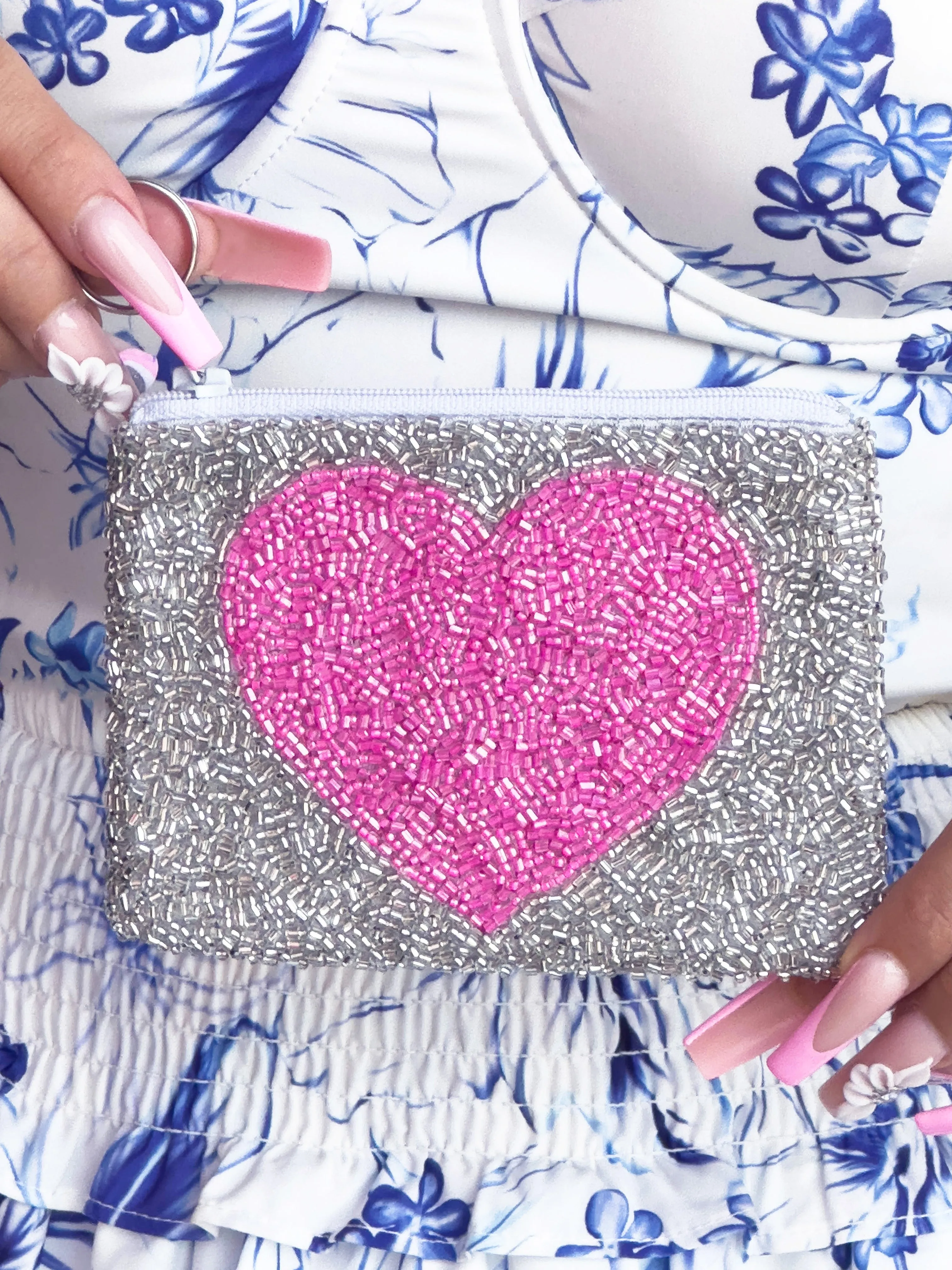 Pink Heart Silver Beaded Coin Purse