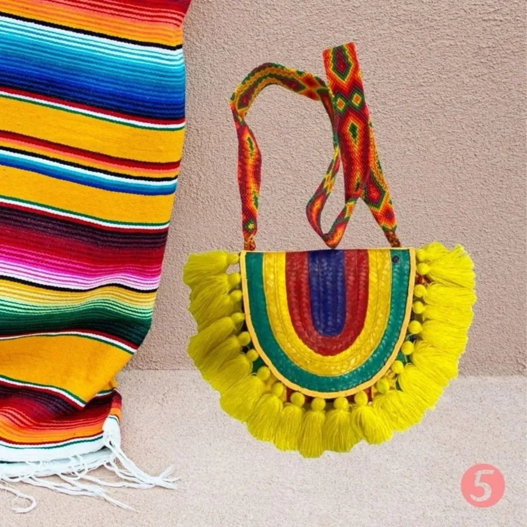 Rainbow Yellow Mexican Palm Purse with tassels