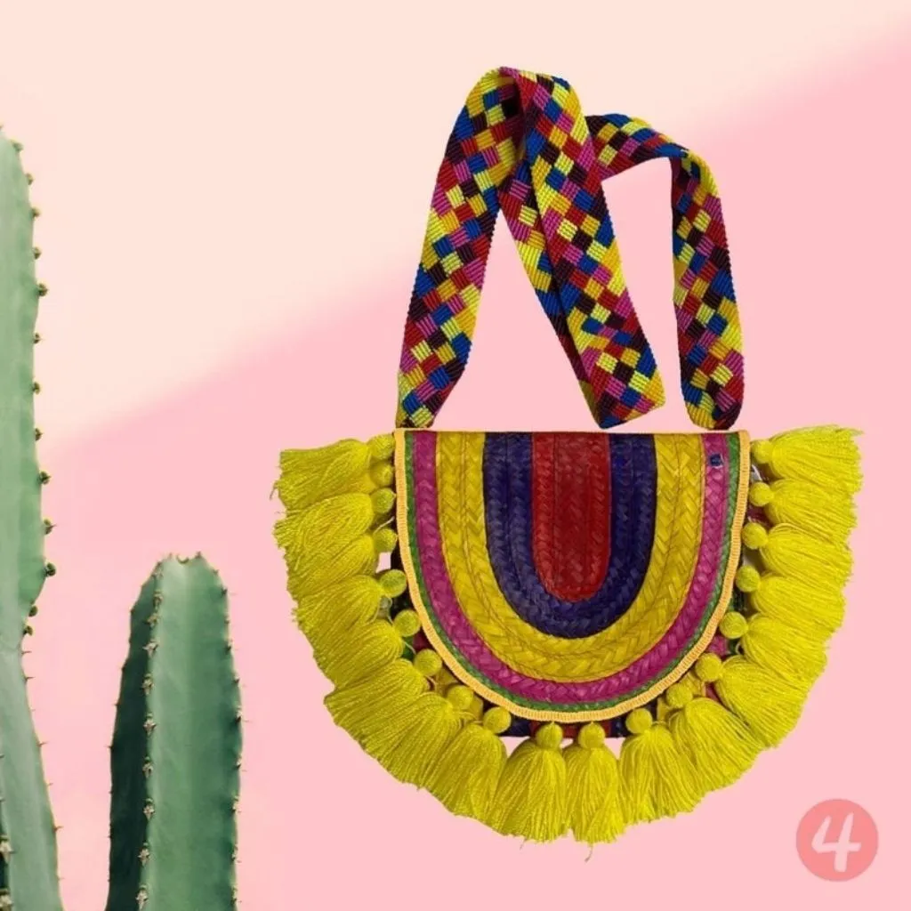 Rainbow Yellow Mexican Palm Purse with tassels